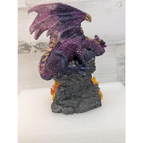 Purple Dragon Wizard Crystal Ball Resin Figurine Statue Fantasy Flames Glitter - Picture 7 of 14